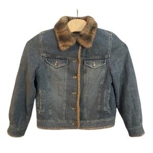 Marvin Richards Denim Jacket Faux Fur Lined Blue Jeans Trucker Coat Womens M